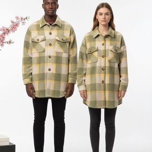 Plaid Oversized Warm Lumberjack Shirt in Green and Yellow Woman XL, Man L